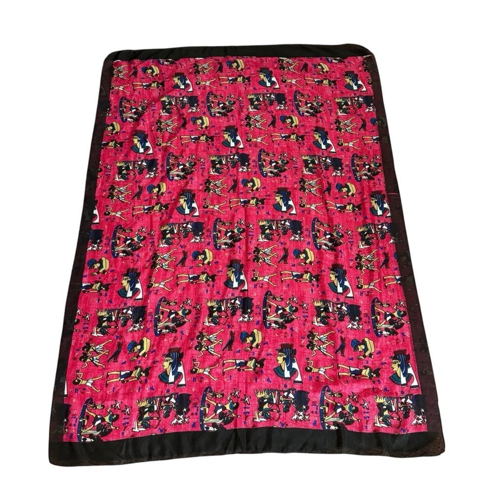 Vintage Egyptian Motif Scarf Wrap Oversized Pink Black Sheer Lightweight
